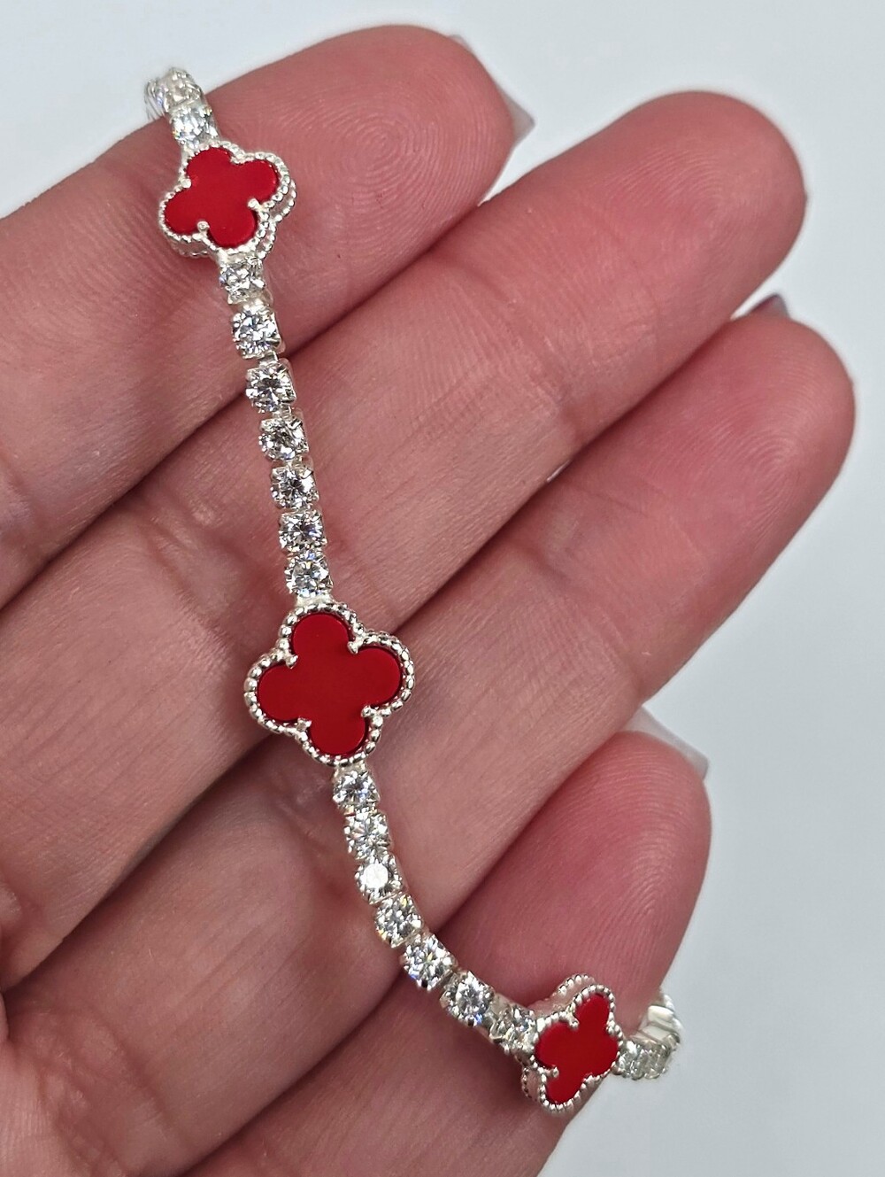 Van Clover Enamel Red CZ Bracelet Adjustable (17.5cm-20cm) 925 Sterling Silver